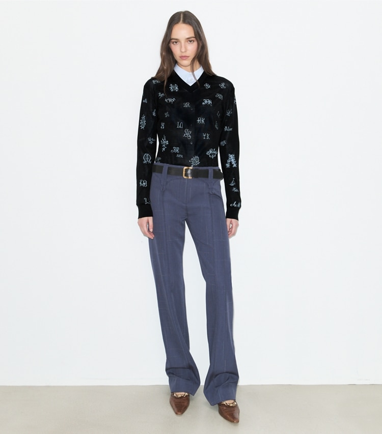 Tory Burch designer bottoms Wool Pant in Steel on model front