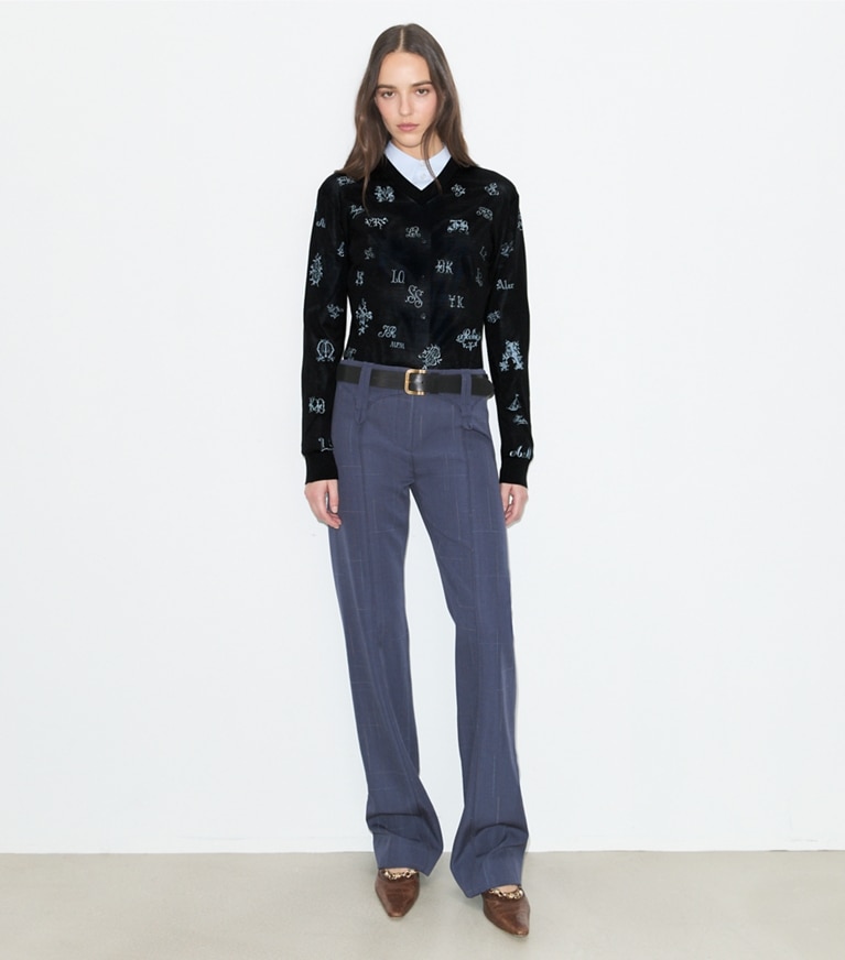 Tory Burch designer bottoms Wool Pant in Steel on model front