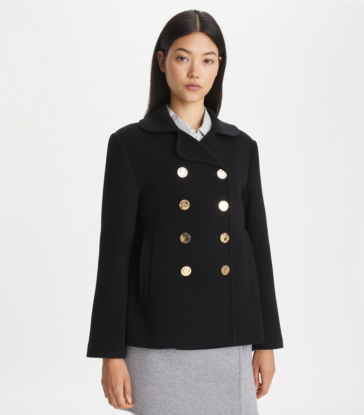 Tory Burch designer コート ウール ピーコート in Black on model detail