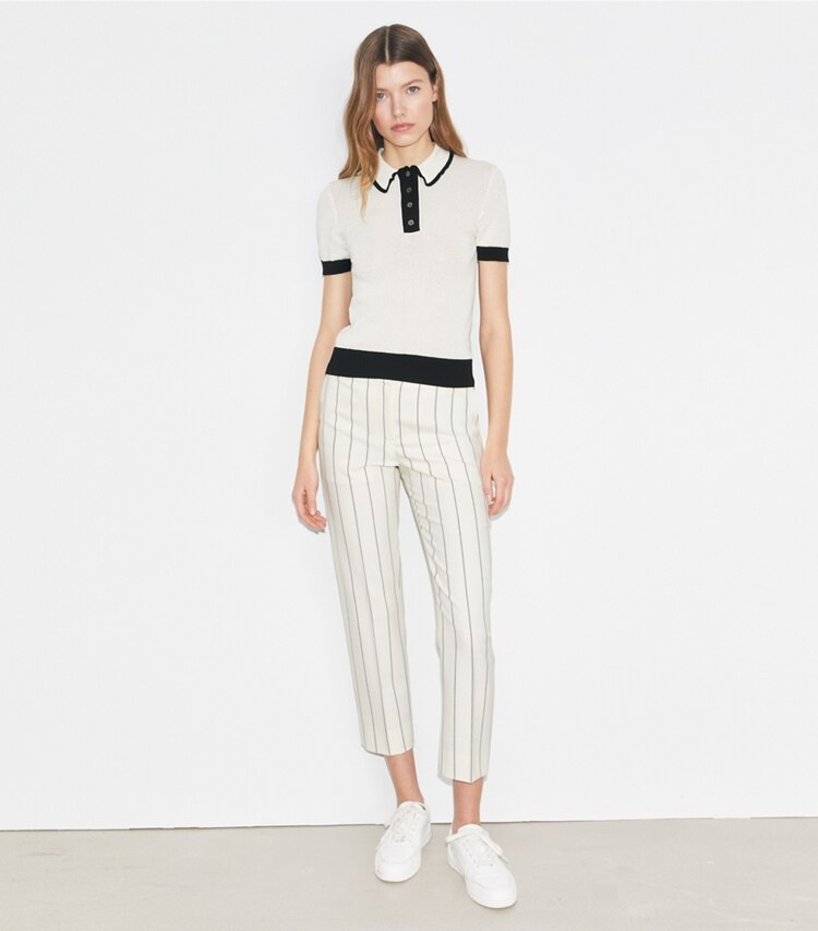 Tory Sport designer bottoms Wool Performance Golf Pant in New Ivory Light Stripe on model front
