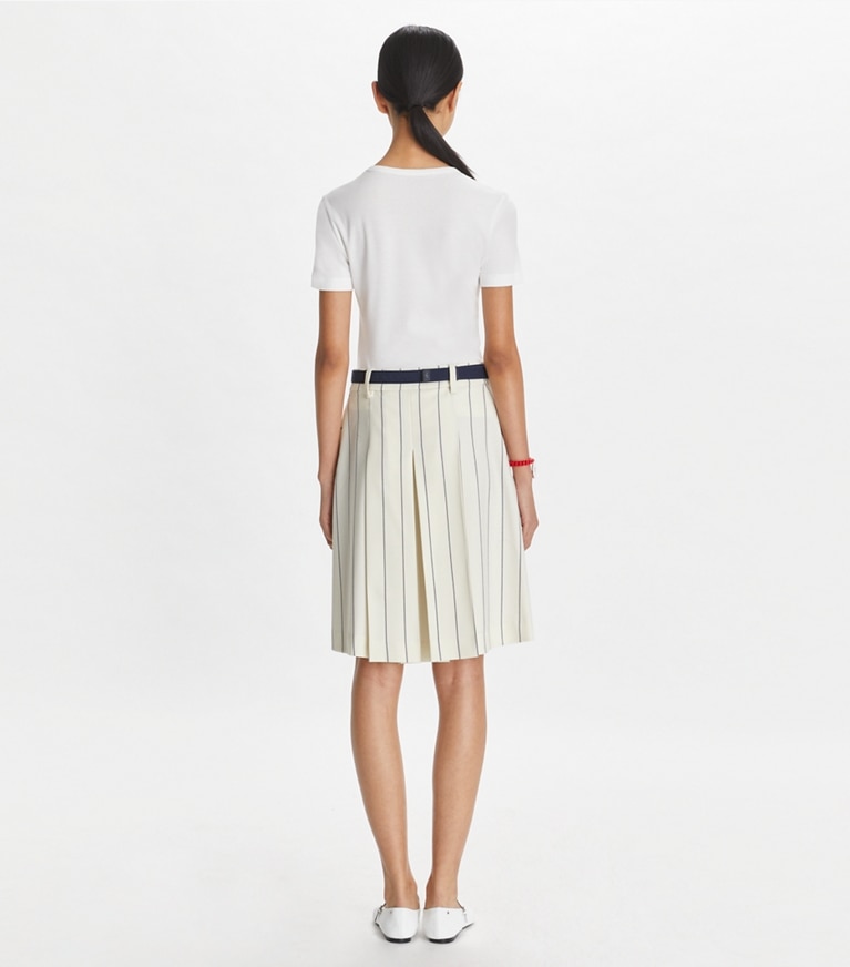 Tory Sport designer bottoms Wool Performance Golf Skirt in New Ivory Light Stripe front