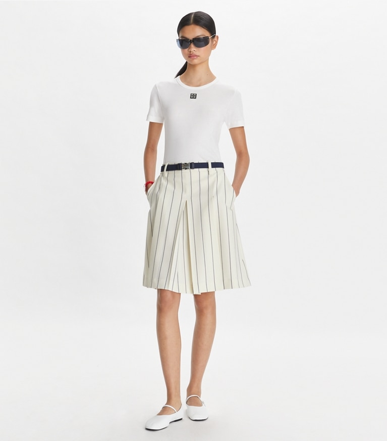 Tory Sport designer bottoms Wool Performance Golf Skirt in New Ivory Light Stripe front