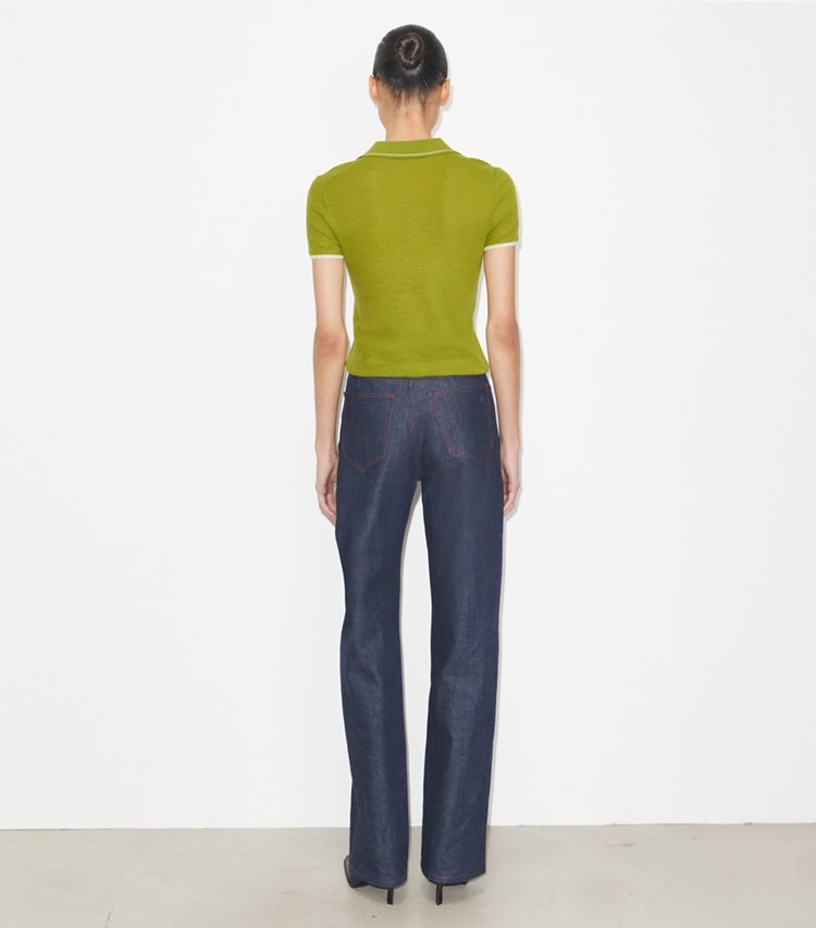 Tory Burch designer sweaters Wool Polo in Bright Green on model back