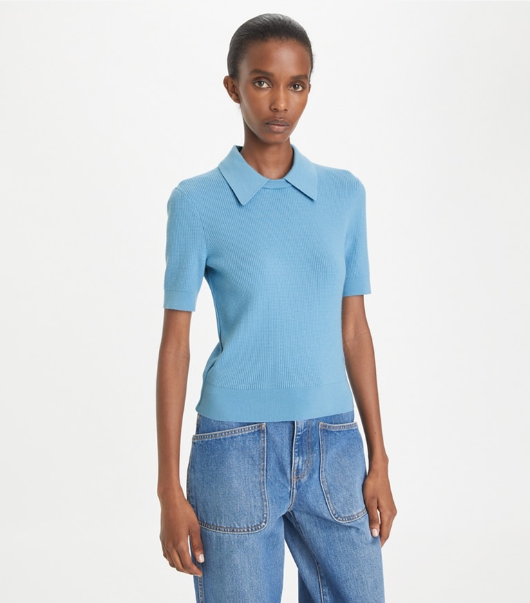 Tory Burch designer トップス ウール ポロシャツ in Light Cerulean front