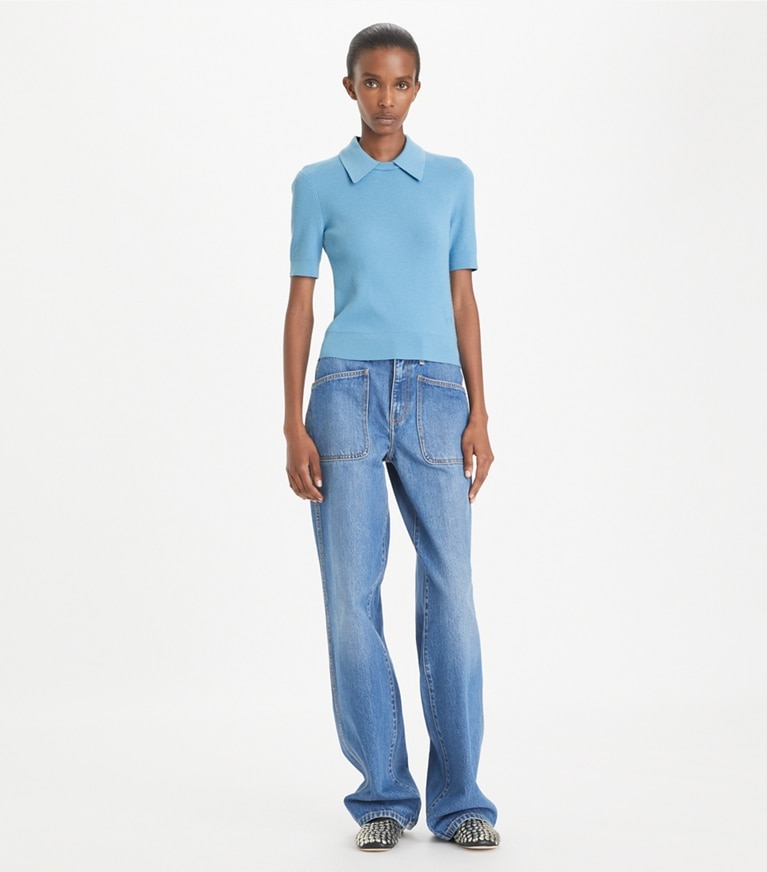 Tory Burch designer トップス ウール ポロシャツ in Light Cerulean front