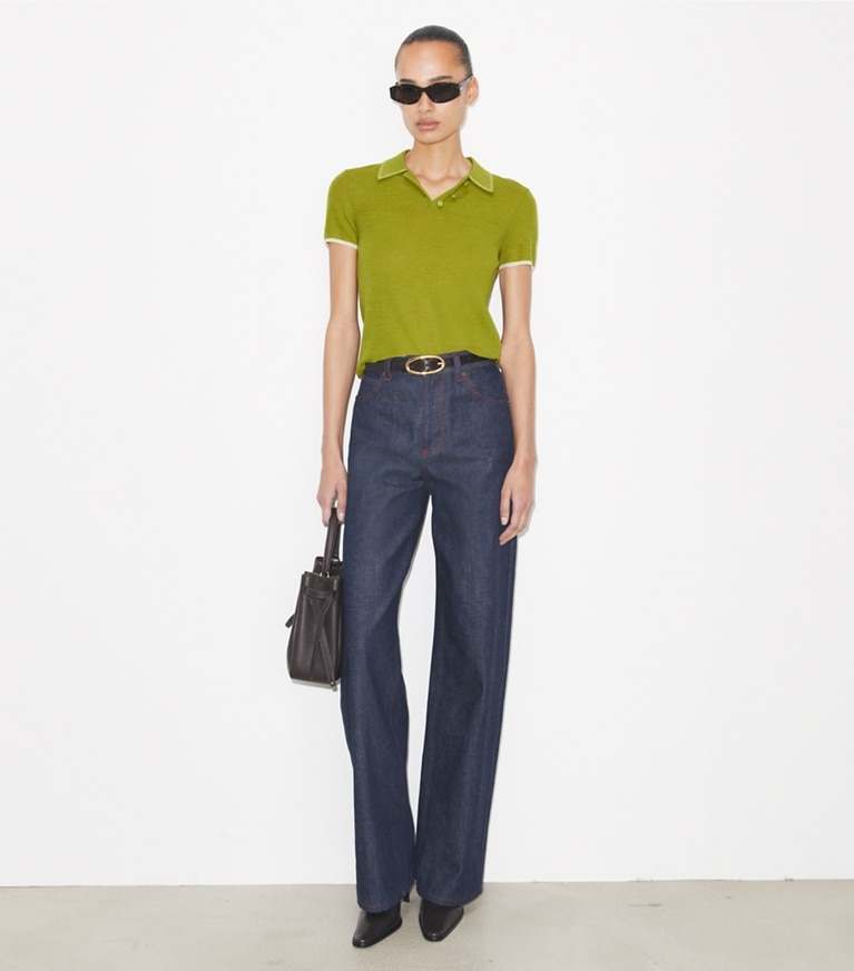 Tory Burch designer sweaters Wool Polo in Bright Green on model front