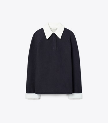 Tory Burch designer tops Wool Rugby Polo in Frosted Navy/Ivory front