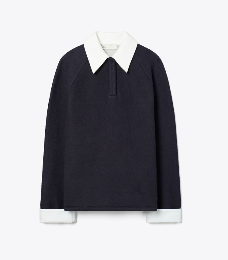 Tory Burch designer tops Wool Rugby Polo in Frosted Navy/Ivory front