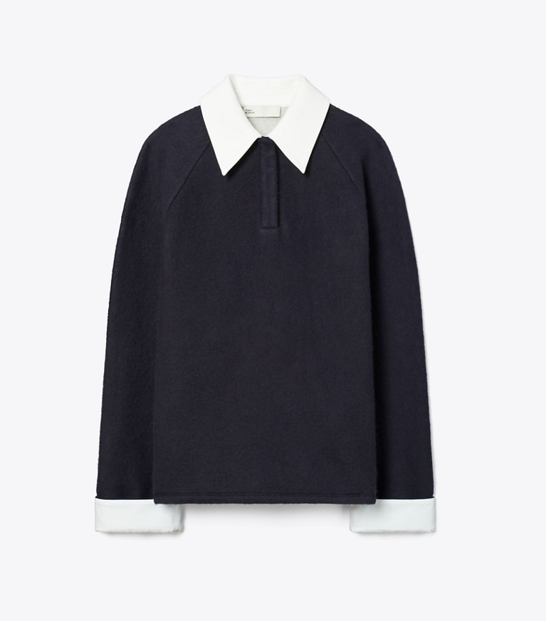 Tory Burch designer tops Wool Rugby Polo in Frosted Navy/Ivory front