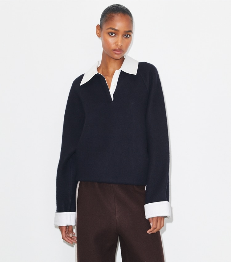 Tory Burch designer tops Wool Rugby Polo in Frosted Navy/Ivory on model detail