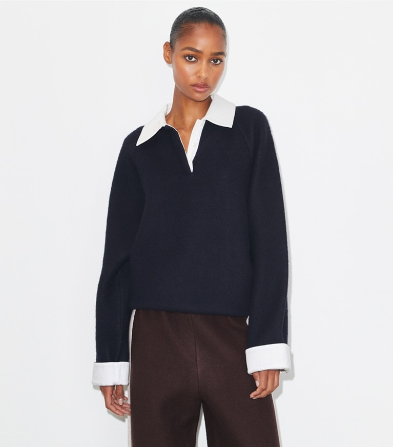 Tory Burch designer tops Wool Rugby Polo in Frosted Navy/Ivory front