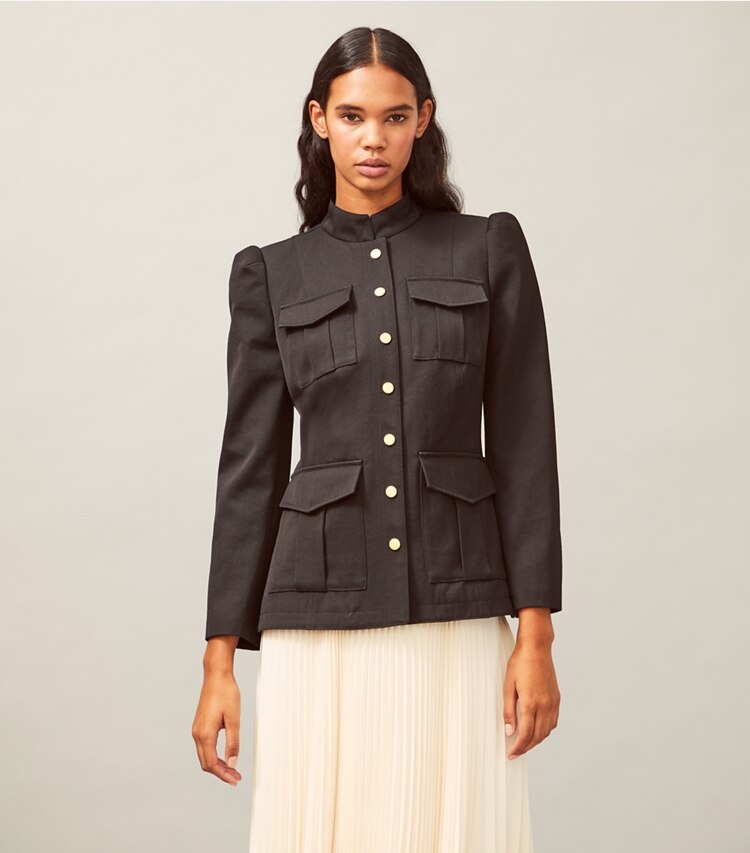 Tory Burch designer jackets Wool Sargent Pepper Jacket in Black on model detail