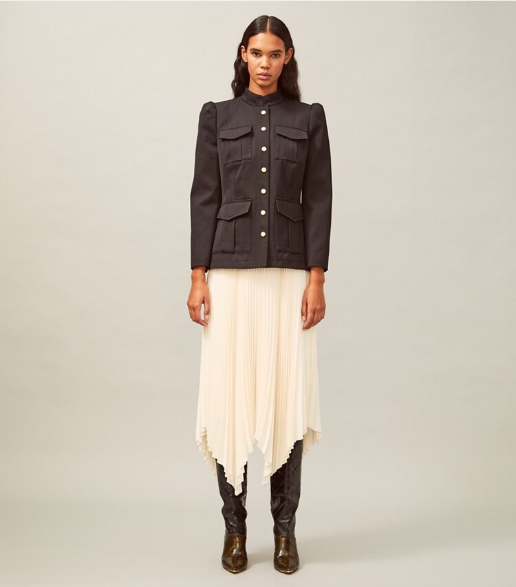 Tory Burch designer jackets Wool Sargent Pepper Jacket in Black on model front