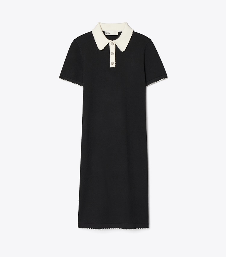Tory Burch designer dresses Wool Scalloped Polo Dress in Black / New Ivory front