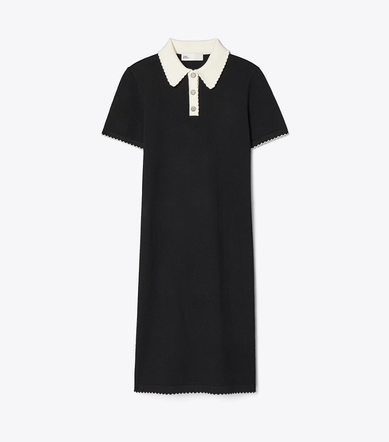 Tory Burch designer dresses Wool Scalloped Polo Dress in Black / New Ivory front