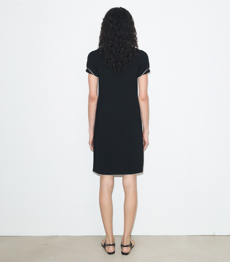 Tory Burch designer dresses Wool Scalloped Polo Dress in Black / New Ivory on model back