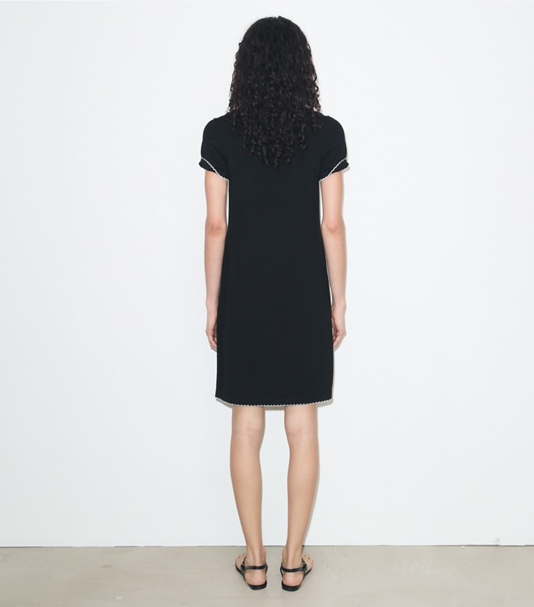 Tory Burch designer dresses Wool Scalloped Polo Dress in Black / New Ivory on model back