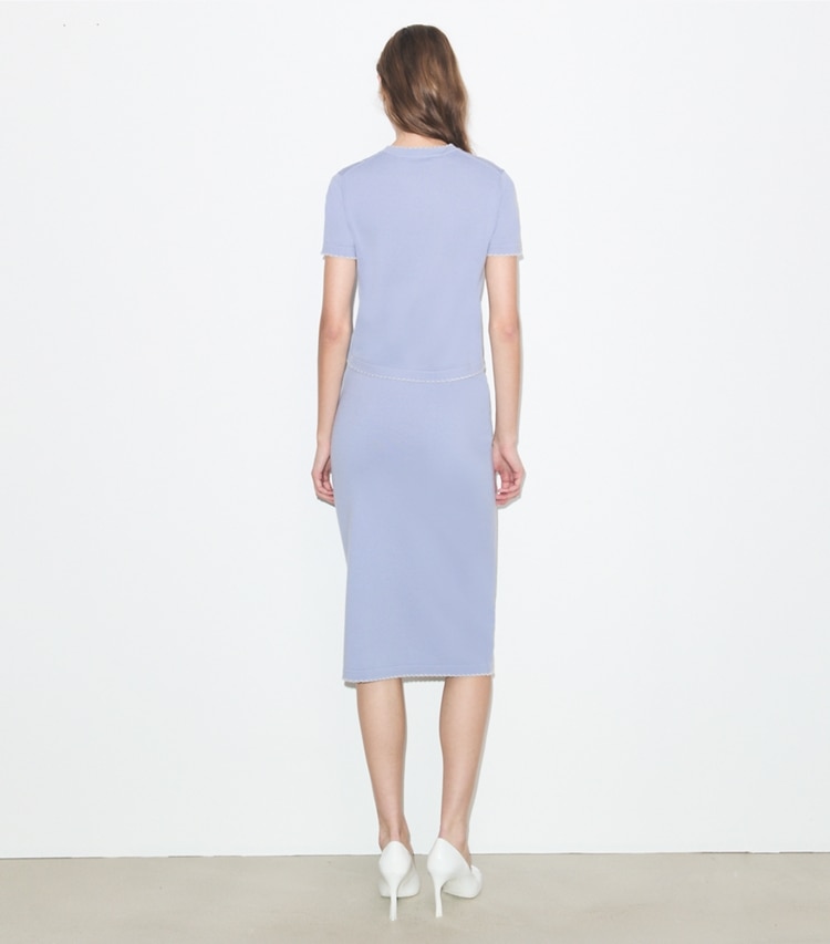 Tory Burch designer bottoms Wool Scalloped Skirt in Pale Blue / New Ivory on model back
