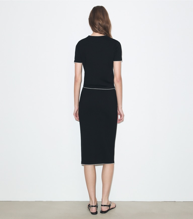 Tory Burch designer bottoms Wool Scalloped Skirt in Black / New Ivory on model back