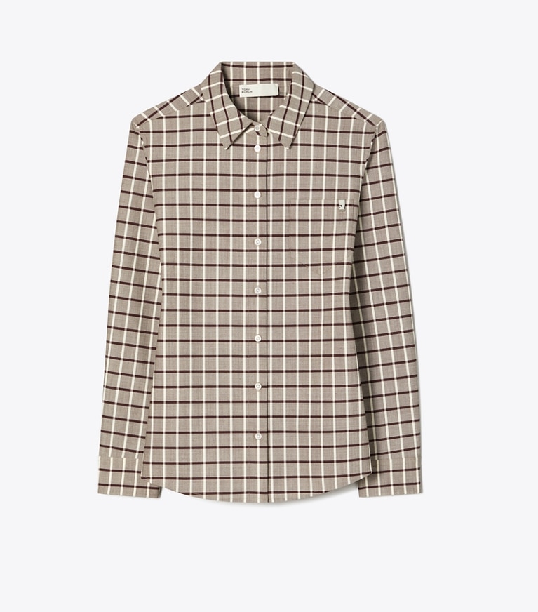 Tory Burch designer tops Wool Shirt in Plum/Ivory Windowpane front