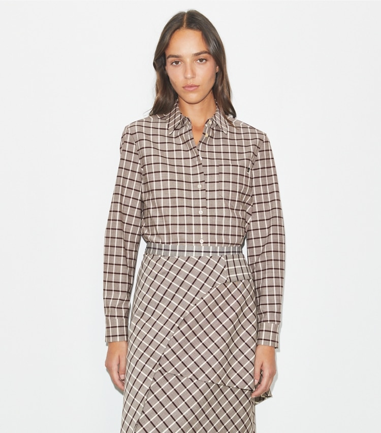 Tory Burch designer tops Wool Shirt in Plum/Ivory Windowpane on model detail