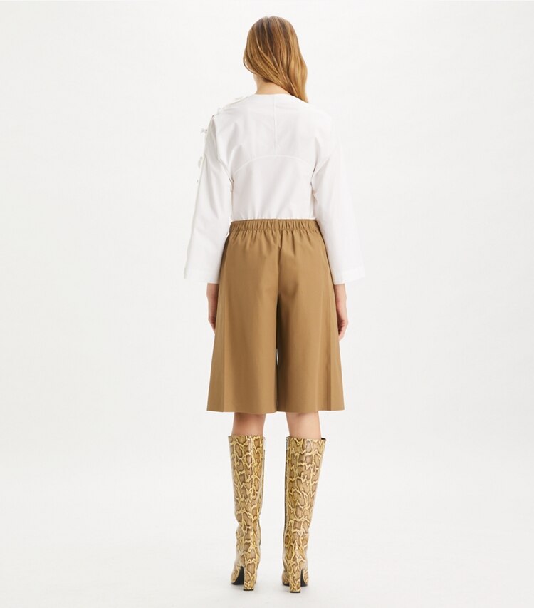 Tory Burch designer bottoms Wool Shorts in Dark Sandalwood on model back