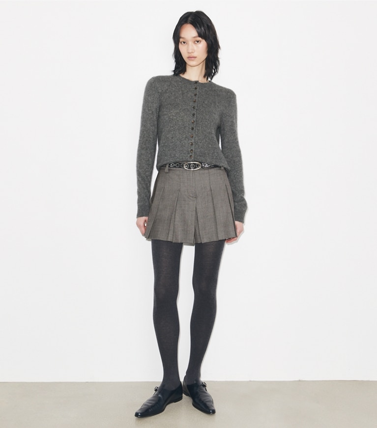 Tory Burch designer bottoms Wool Shorts in Black / Gray on model front