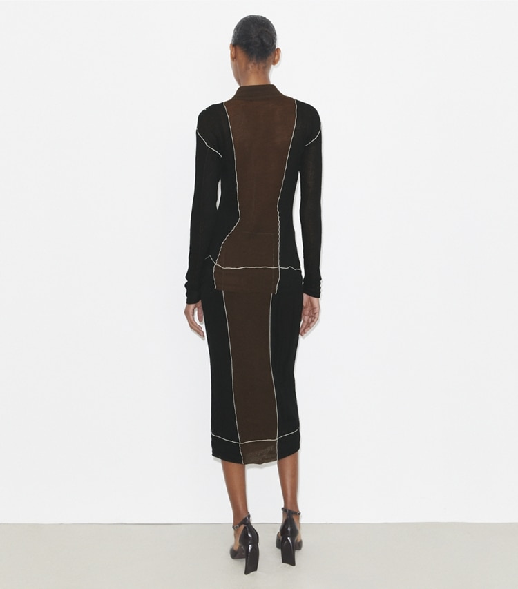 Tory Burch designer bottoms Wool Skirt in Black / Chocolate Brown on model back