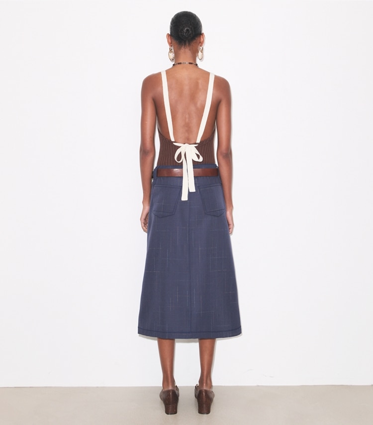 Tory Burch designer bottoms Wool Skirt in Steel on model back