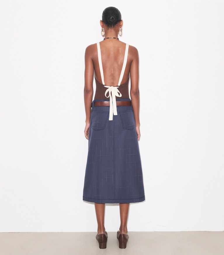 Tory Burch designer bottoms Wool Skirt in Steel on model back