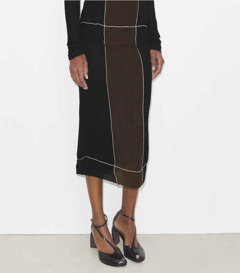Tory Burch designer bottoms Wool Skirt in Black / Chocolate Brown front