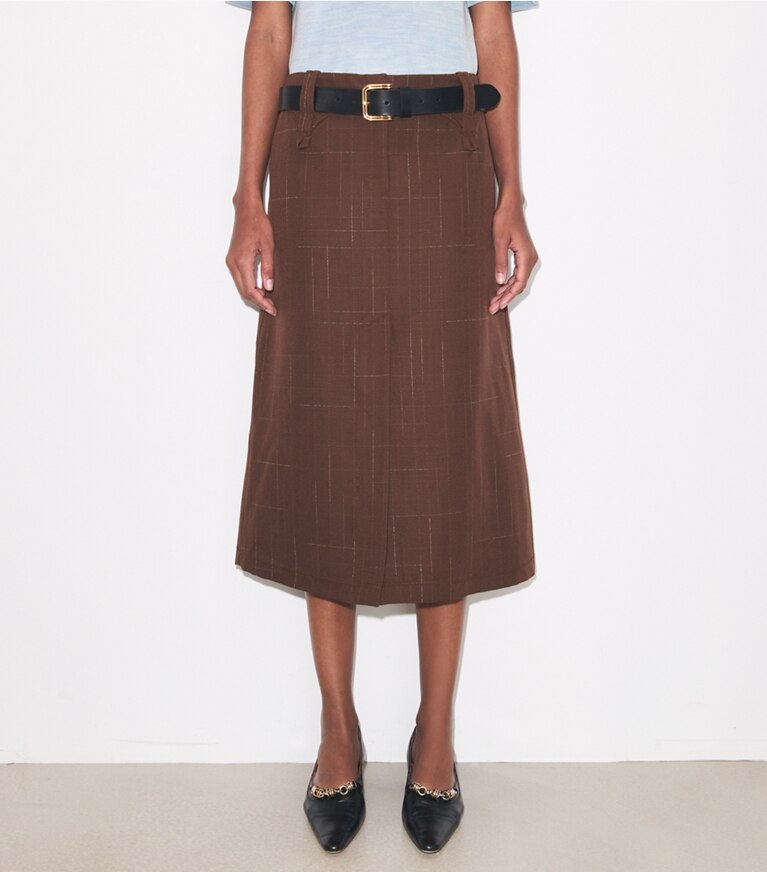 Tory Burch designer bottoms Wool Skirt in Chocolate on model detail