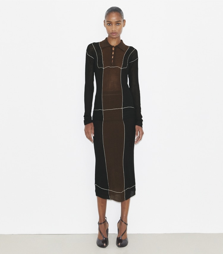 Tory Burch designer bottoms Wool Skirt in Black / Chocolate Brown on model front