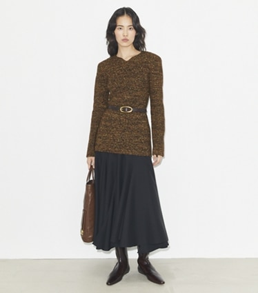 Tory Burch designer bottoms Wool Skirt in Black on model front