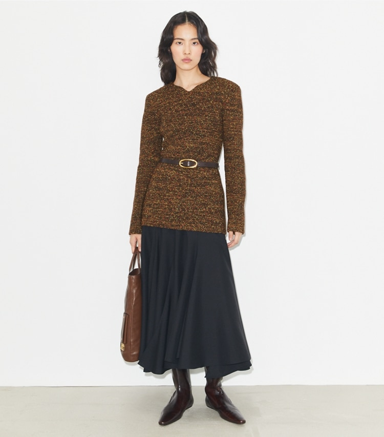 Tory Burch designer bottoms Wool Skirt in Black on model front