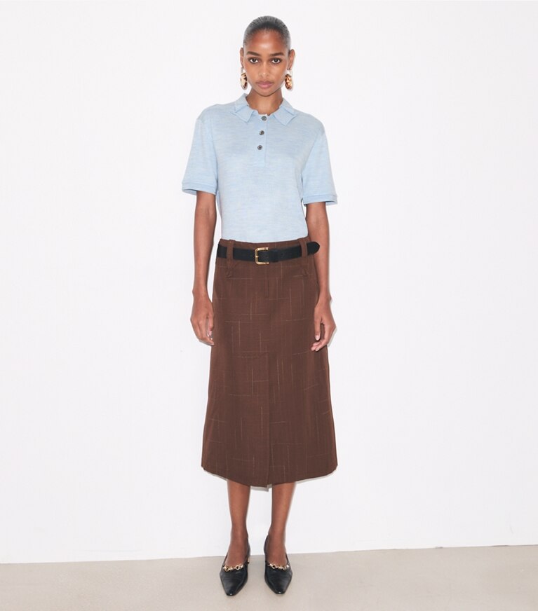 Tory Burch designer bottoms Wool Skirt in Chocolate on model front