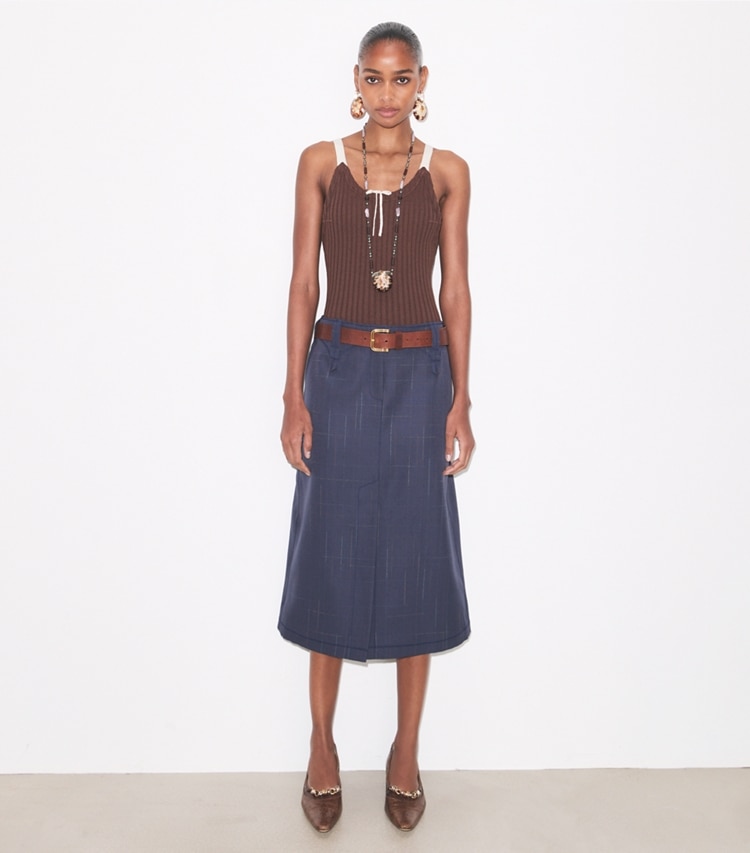 Tory Burch designer bottoms Wool Skirt in Steel on model front