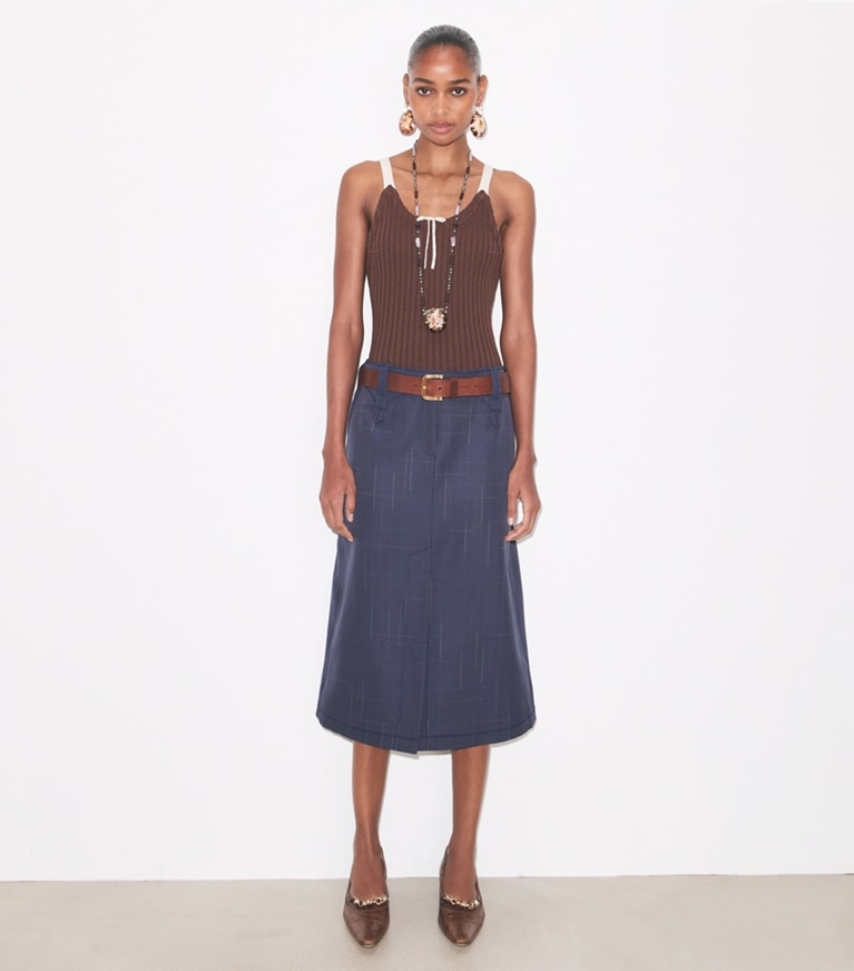 Tory Burch designer bottoms Wool Skirt in Steel on model front