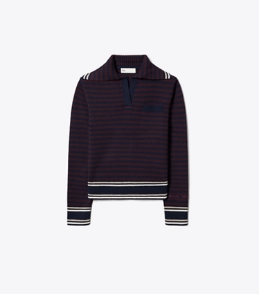 Tory Burch designer sweaters Wool Striped Collar Sweater in Navy / Dark Winterberry front