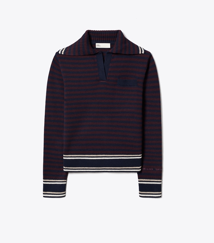 Tory Burch designer sweaters Wool Striped Collar Sweater in Navy / Dark Winterberry front