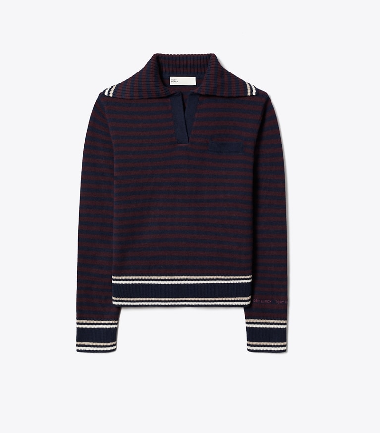 Tory Burch designer sweaters Wool Striped Collar Sweater in Navy / Dark Winterberry front