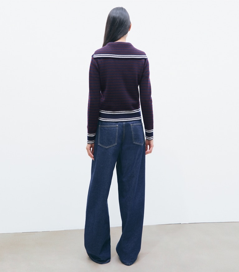 Tory Burch designer sweaters Wool Striped Collar Sweater in Navy / Dark Winterberry on model back