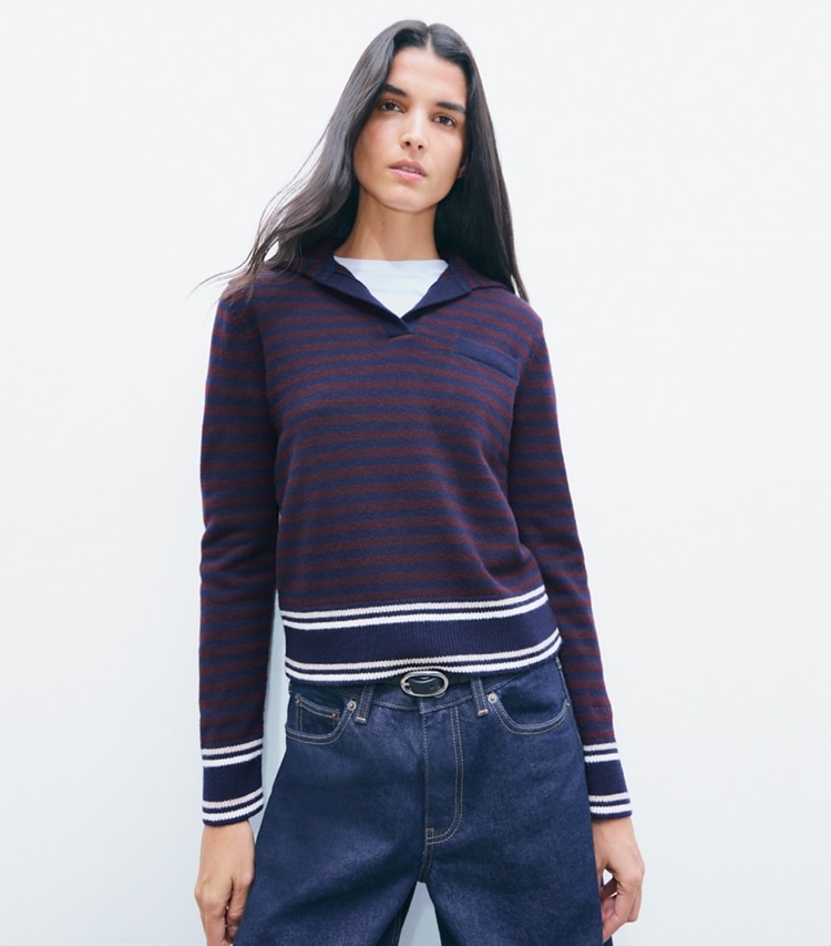 Tory Burch designer sweaters Wool Striped Collar Sweater in Navy / Dark Winterberry on model detail