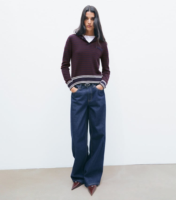 Tory Burch designer sweaters Wool Striped Collar Sweater in Navy / Dark Winterberry on model front