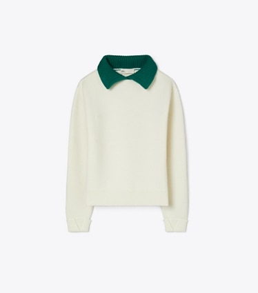 Tory Burch designer sweaters Wool Sweater in White / Emerald front