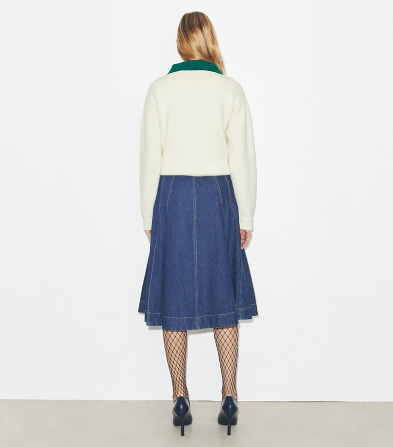 Tory Burch designer sweaters Wool Sweater in White / Emerald on model back