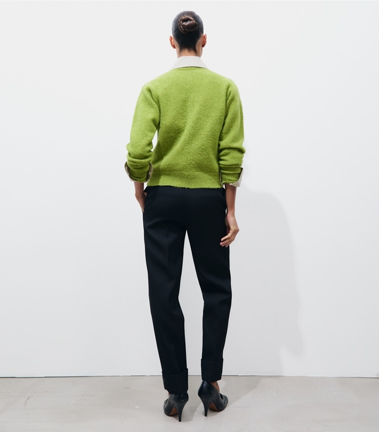 Tory Burch designer sweaters Wool Sweater in Avocado on model back