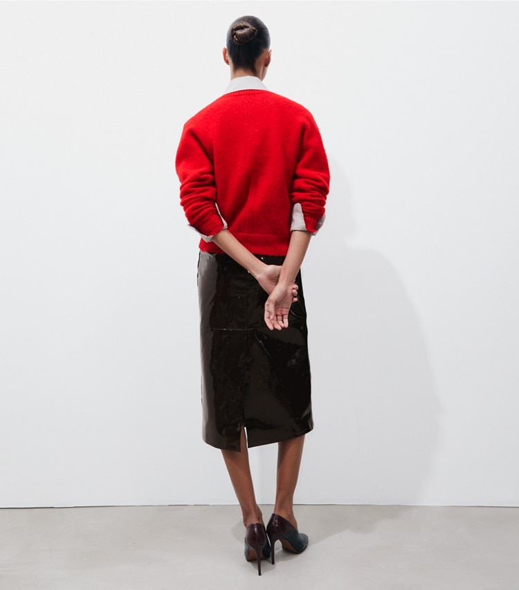 Tory Burch designer sweaters Wool Sweater in Flame Red on model back