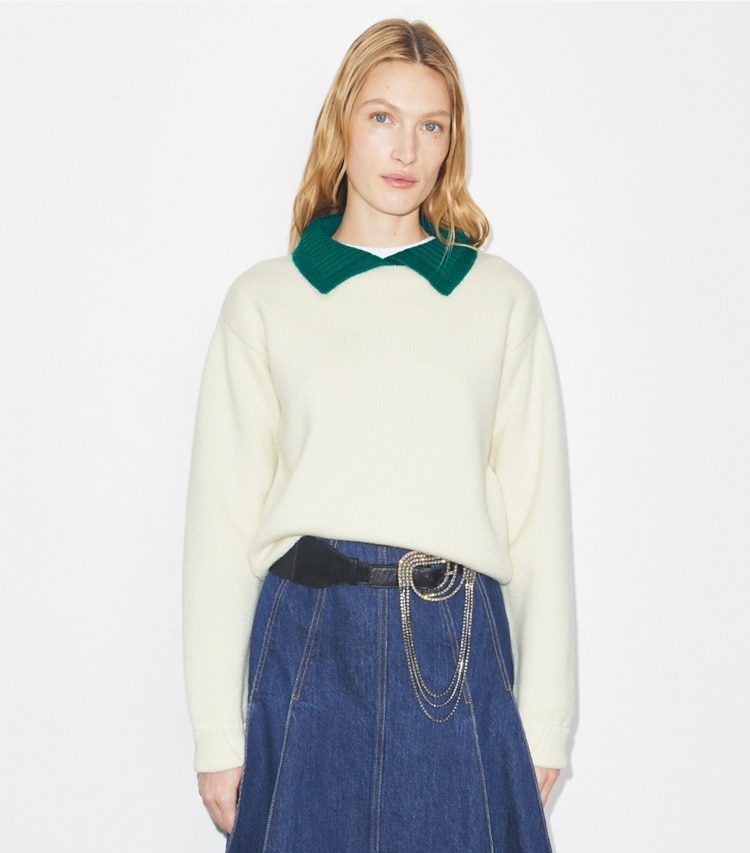 Tory Burch designer sweaters Wool Sweater in White / Emerald on model detail