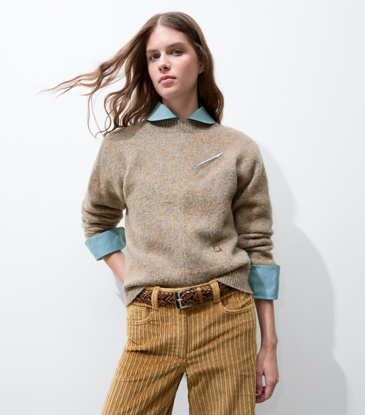 Tory Burch designer sweaters Wool Sweater in Brown Multi Melange on model detail